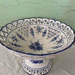 RCCL Portuguese Hand Painted Pedestal Fruit Serving Display Bowl Reticulated